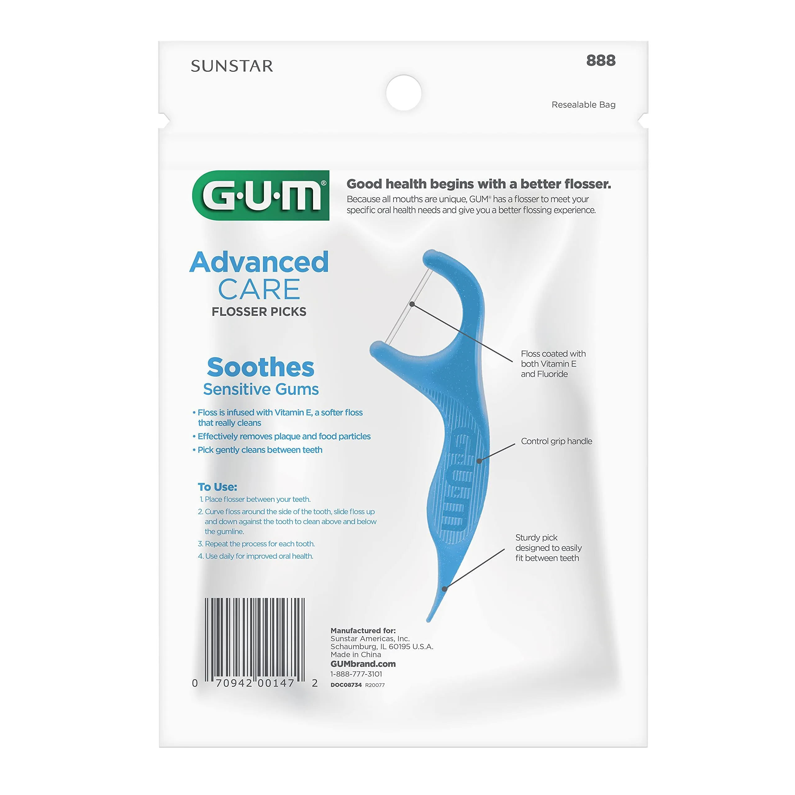 GUM Advanced Care Flossers, Fresh Mint, Vitamin E & Fluoride, 150 Count