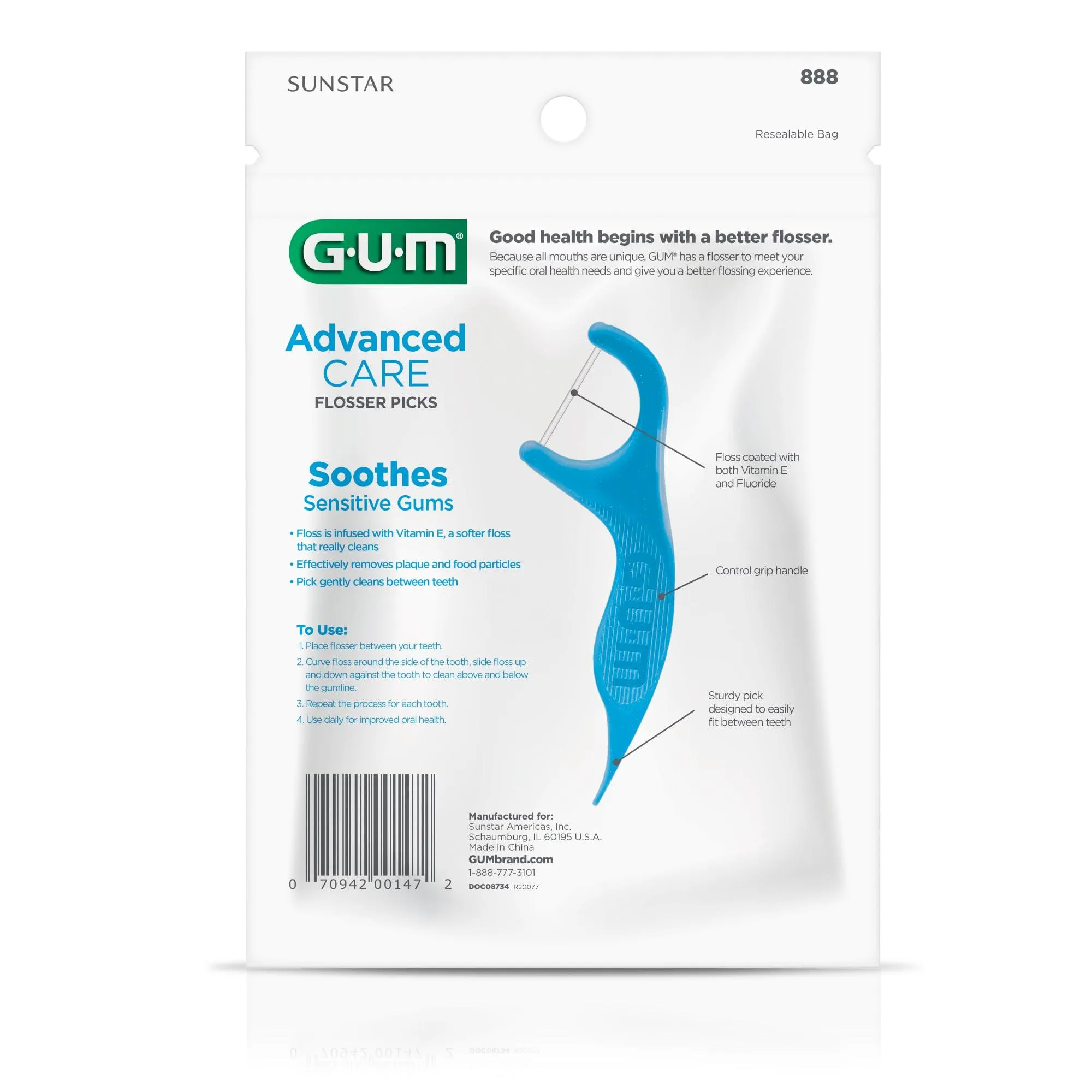 GUM Advanced Care Flossers, Fresh Mint, Vitamin E & Fluoride, 150 Count