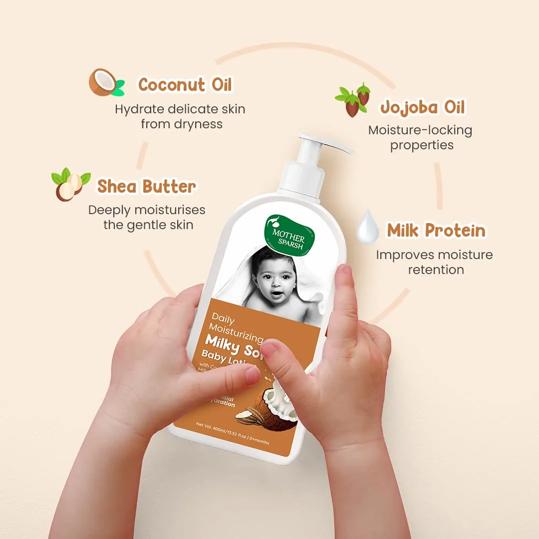 Mother Sparsh Milky Soft Baby Lotion - 400ml |With Milk Protein, Coconut Oil & Shea Butter | For 24Hrs Moisturization