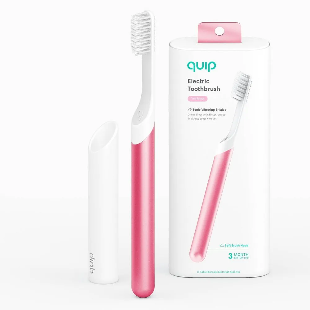 Pink quip Metal Electric Toothbrush Starter Kit with 2-Minute Timer and Travel Case